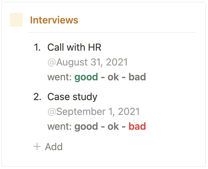 One page per interview — notes, recruiter, prep.