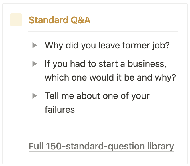 A 150-question interview library, built in.