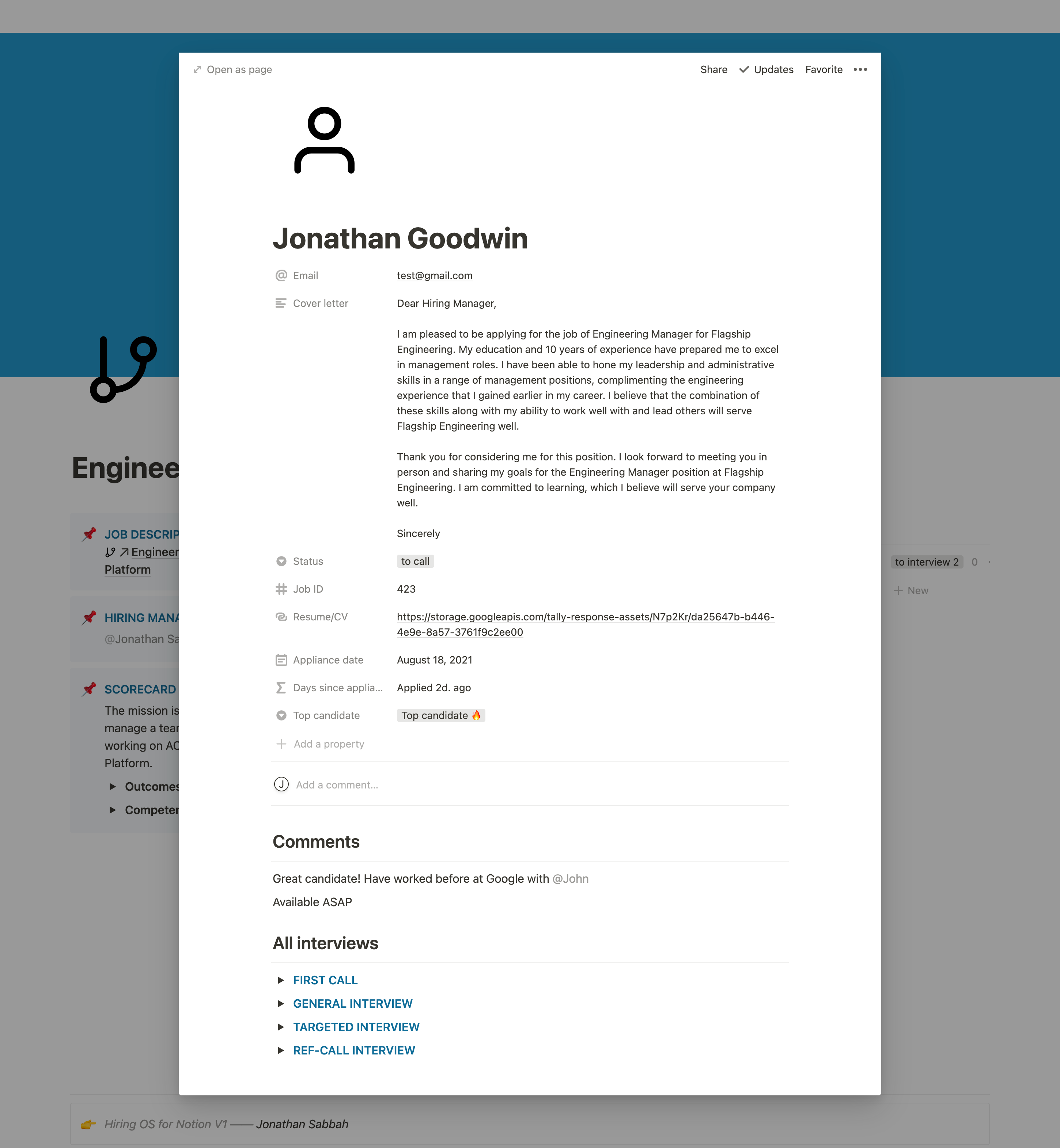 One page per candidate — email, CV, notes, interviews.