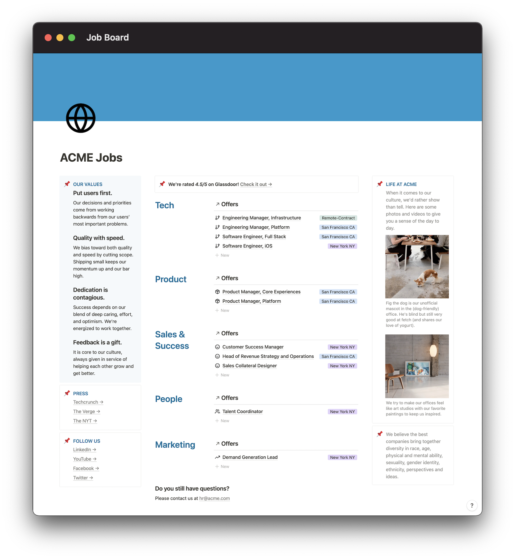 A beautiful job board where candidates apply directly.